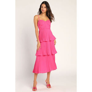 🩷NWOT Lulus Cascading Crush Hot Pink Tiered Bustier Midi Dress - Size M